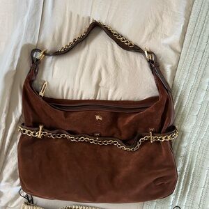 Burberry Brown Suede Shoulder Bag with Gold Chain